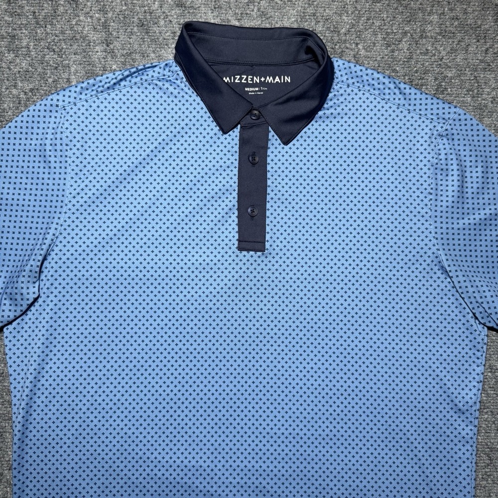 Mizzen+Main Blue Geometric Short Sleeve Collared Polo Shirt Men Size Medium Trim